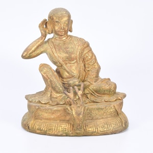 Yogi Milarepa Gold Vergoldete Tibetische Traditionelle Statue Meditierende Figur Antike Handgemachte Skulptur Meditation Figur Statue