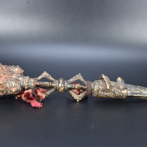 Top Brass Horse Carved Brass Three Headed Bhairav Mahakala Phurba,Dorje, Antique Bronze Rare Buddhist Vintage Phurpa