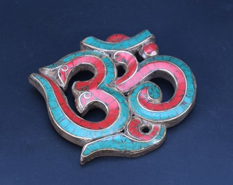 Wall hanging art OM Aum Ohm Yoga Meditation Ethnic Tibetan Handmade Om mantra carving Sculpture wood carved Pendant Turquoise Inlays Nepal