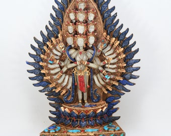 Handcrafted Avalokiteshvara Tibetan turquoise Gemstone inlay Lokeshwor crystal statue Beautiful sculpture gold gilt Statue Handmade Nepal