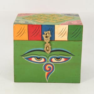 Divine Kumari Goddess Eyes Carved Antique Handmade Tibetan Wooden Storage Box Vintage Nepalese Buddhism Keepsakes Collectible Art