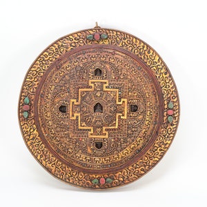 Buddha carved Ashtamangala mandala wall hanging handmade Tibetan Buddhism vintage copper mandala decoration religious Collectible Nepal