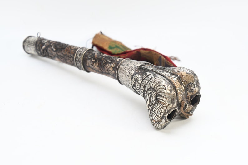 Double Mahakala Hand Carved Kangling Tibetan Silver Inlay Ritual Trumpet Vintage Used Traditional Trumpet Shaman Tibet Buddhism From Nepal image 1