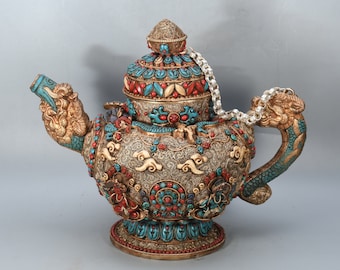 Gold Gilted Kettle Crystal Filgree Top gemstone inlay Tibetan copper Teapot Hand carved kitchen decorative antique old collectible Nepal