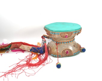 Crystal Crafted Antique Handmade Leather Beaded Damaru Percussion Tool Tantric Ceremonial Drum Ritual Tibetan Damru