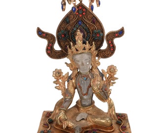 Gemstone filigree inlay gold gilt Crystal Green Tara Statue handmade Buddhist Tibetan antique sculpture Decorative Blessing Meditation Nepal