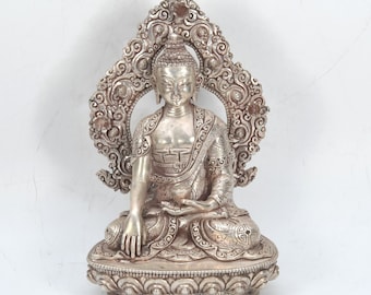 Rare Tibetan Antique Handmade Silver Carved Lord Buddha Religious Figurine Traditional Ancient Statue Nepal