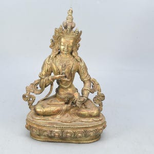 Handmade Gold Gilded Brass Vajrasattva Statue - Tibetan Tantric Antique-Inspired Decor Buddhist Rare Buddha Dorje Sempa Nepal