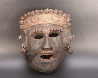 Houten masker bergdansen Tibetaans hand hunkeren naar vintage traditioneel handgemaakt wandkleed massief houten masker Nepal