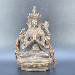 Chenrezig Buddha Statue 8" Old Tibet Temple 4 arms Sculpture Antique Old Tibetan Chenrezig Avalokeshevera Buddha Statue Meditation Dharma