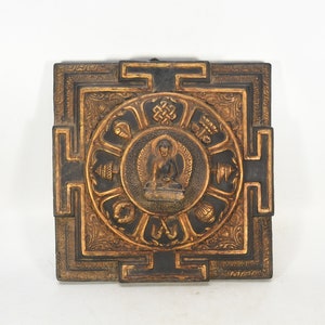 Meditating Buddha Carved in Clay Tehrakota with Wooden Back Antique Decorational Mandala Tibetan Wall Hanging Craft Nepal