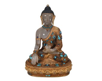 Lotus base turquoise gemstone inlay Gold plated Buddha statue hand carved home Decoration Mediation Gautama sculpture Buddhist Tibetan Nepal