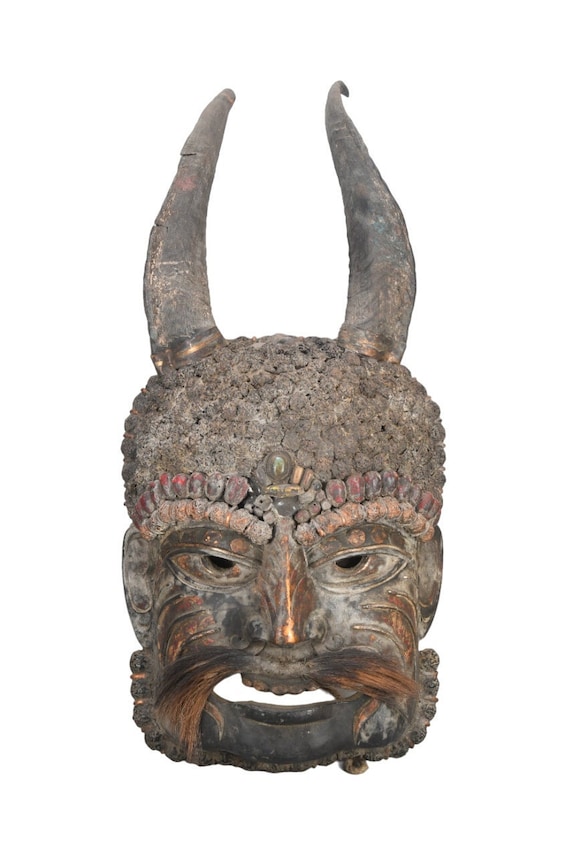 ヤマタカ 壁掛けマスク チベット仏教 古銅製 時代物 チベット密教・一面二臂 護法尊（古派のマハーカーラ）（金銅製