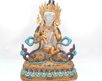 Gold Gilded Crystal Vajrasattva Statue Antique Handmade Ritual Goddess Himalayan Art Collectibles Nepal