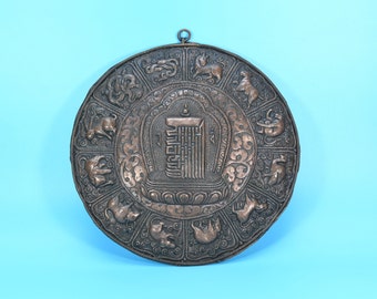 The Ten Syllables of the Kalachakra Mantra Wall Hanging Plate with Ashtamangala Symbols and Animals of Tibetan Astrological Calendar