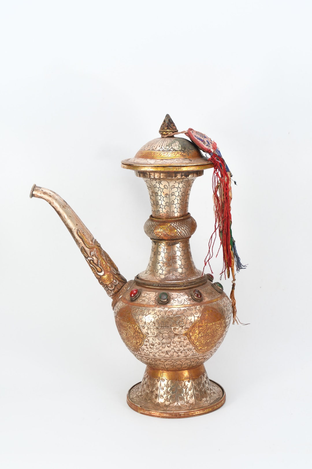 Hand Carved Tibetan Silver Teapot Copper Brass Buddhism Decoration