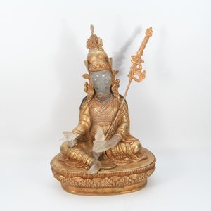 Handmade Guru Rinpoche Gold Antique Crystal Carved Statue - Sacred Tibetan Arts figurine vintage decor Nepal