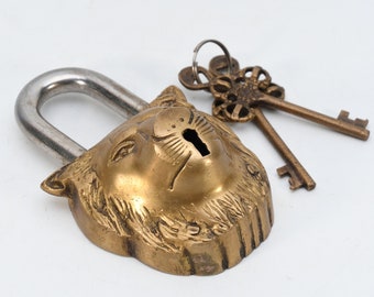 Lion Faced Antique Brass Handcarved Door Lock Vintage Door decor designed key set Antique gate lock Nepal