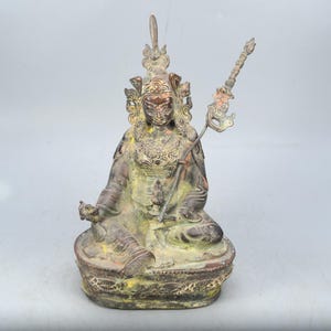 Copper Carved Antique Handmade Lotus Born Guru Rinpoche Tibetan Statue - Traditional Religious Decorative Craft Art
