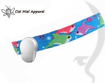 Baha Ponto Adhear Cochlear Oticon Med-el softband headband DIY 15mm wide. Cartoon baby sharks inspired green purple orange pink on blue