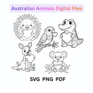Puede incluir: Una colección de ilustraciones de arte lineal en blanco y negro que muestran un equidna, un loro, un cocodrilo, un canguro y un koala, cada uno sosteniendo un corazón. El texto dice Australian Animals Digital Files, SVG PNG PDF.