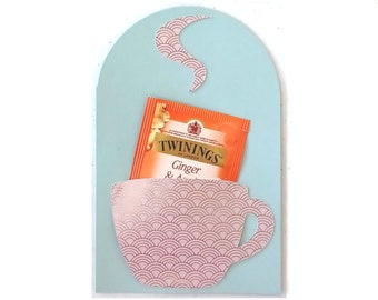 Handmade tea bag greeting card pastel green eggshell terracotta salmon flower foil print