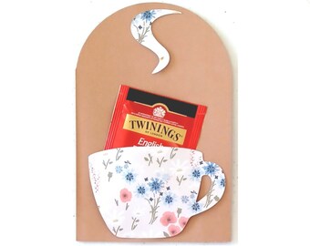 Handmade tea bag greeting card pastel green eggshell terracotta salmon flower foil print