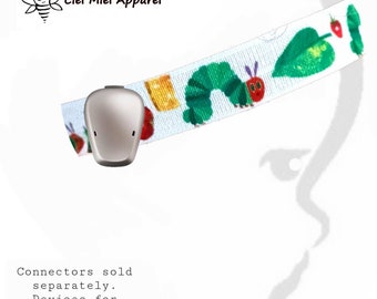 Baha Ponto Adhear Cochlear Oticon Med-el softband headband DIY 15mm wide. Green and red hungry caterpillar inspired pictures on white