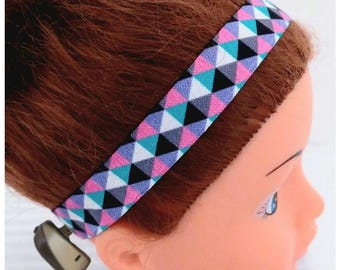 Baha Ponto Adhear Cochlear Oticon Med-el softband headband DIY 15mm wide. Pink Purple black grey aqua white triangles in 3D pattern