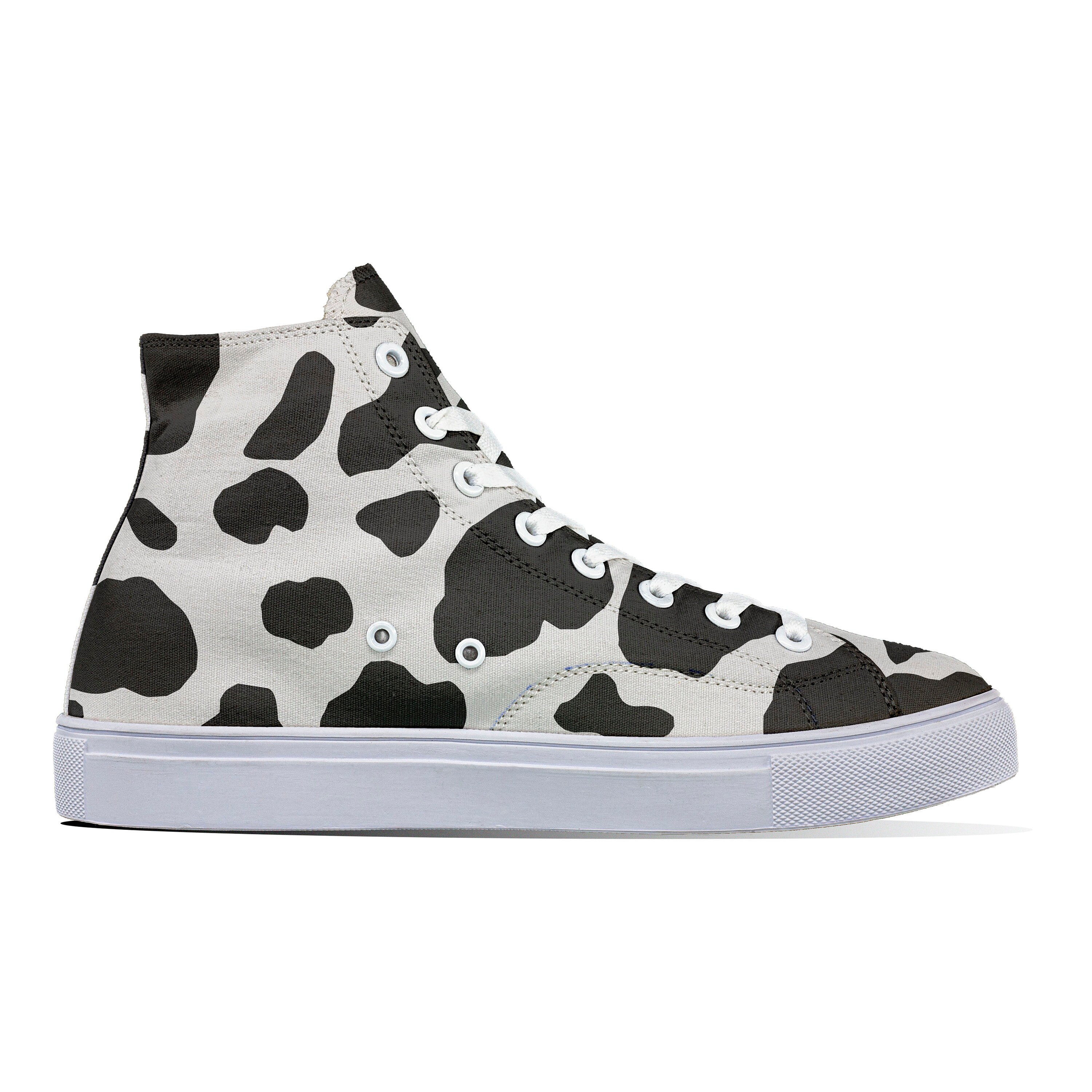 Black Cartoon Cow Print Men's High Top Shoes