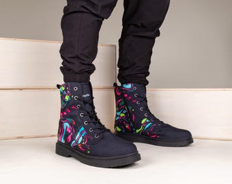 Neon Rave Combat Boots - Abstract neondesign met wervelende neonprint uit de jaren 90, ritssluiting aan de zijkant
