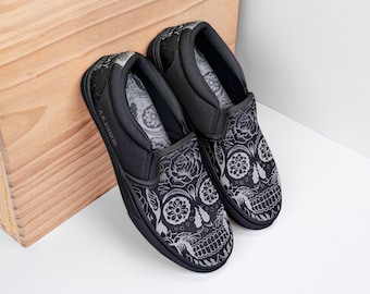 Sugar Skull Slip-On Shoes - Gothic Floral Rose, Day of the Dead