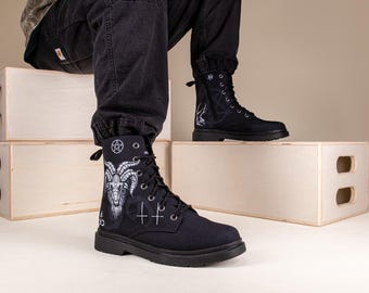 Goth Punk Boots - Baphomet Pentagram Heavy Metal Kampfstiefel, seitlicher Reißverschluss