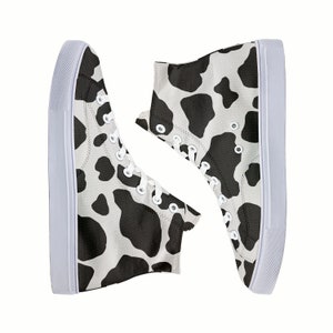 Black and White Cow Print Shoes, Custom Animal Print, Semi Chunky-Soled High Tops
