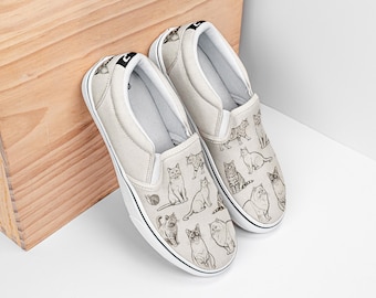 Cat Slip-On Shoes - Illustrated Sketch Canvas Sneakers, Cat Lover Gift