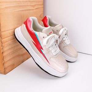 Lightning Bolt Wide Platform Sneakers - Cream & Red, Chunky Sole, Personalizable