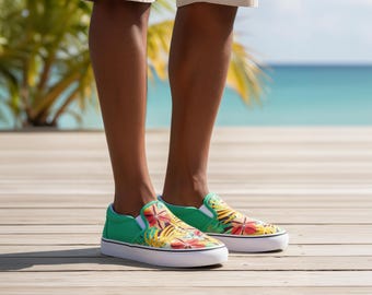 Chaussures sans lacets fleuries tropicales, croisière Monstera pour mariage sur la plage hawaïenne en été