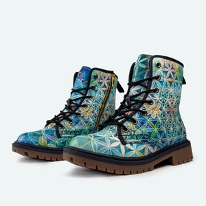 Festival-Ready, Burning Man Zipper Boots with Custom Flower of Life Sacred Geometry Design