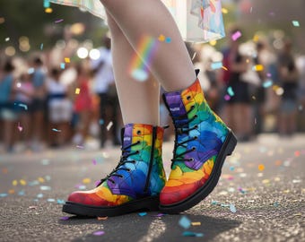 Gay Pride Feather Combat Boots - Rainbow Festival Rave, Side Zipper