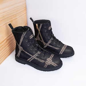 Shibari Rope Knot Combat Boots - Illustrated Art, Side Zipper