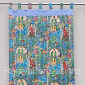 Vintage Kantha Quilted Curtain: Indian Print Recycled Cotton Sari, Bohemian Room Decor