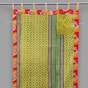 Handmade Kantha Fusion Curtain, Green Pink Curtain, Floral Curtain, Recycled Cotton Sari Curtains, Room Decor, curtain Bohemian Curtains