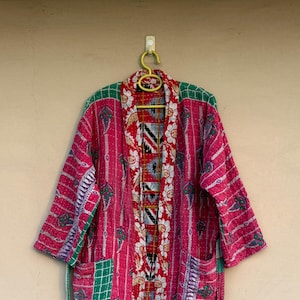 Bohemian Kantha Robe Indian Kantha Quilt Jacket, Cotton Vintage Floral Kimono, Boho Cardigan Stitch Kantha Robe Long Bath Robe Dressing Gown