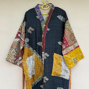 Różnorodny ręcznie robiony szlafrok Kantha z jedwabiu, patchwork, vintage'owe sari, kimono, kurtka boho, rozmiar bezpłatny, prezent