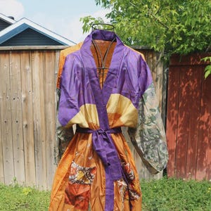 Vintage Kantha Patchwork Sidenkimono Morgonrock • Boho Återvunnen Sari Morgonrock Present till henne