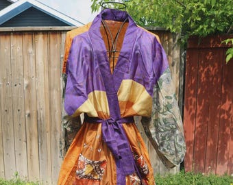 Vintage Kantha Patchwork Silk Kimono Robe • Boho Recycled Sari Dressing Gown Gift for Her