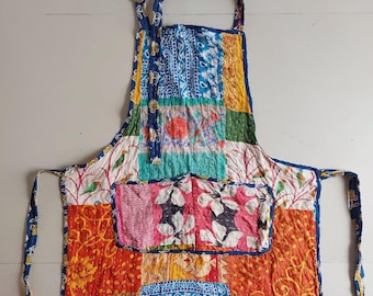 Avental vintage acolchoado Kantha: patchwork colorido em algodão, estilo boho para cozinha, 1 peça.
