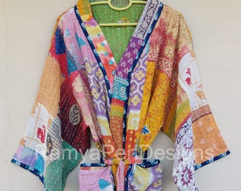 Vintage Kantha Patchwork Kimono Robe: Handmade Bohemian Cotton Loungewear