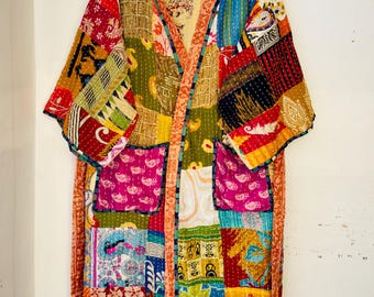 Handgemaakte vintage kantha-gewaad: boho patchwork kimonojack 1 st