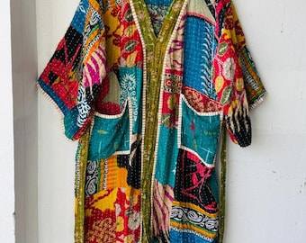 Handgemachte Vintage Kantha Robe: Boho Patchwork Kimono Jacke 1 tlg